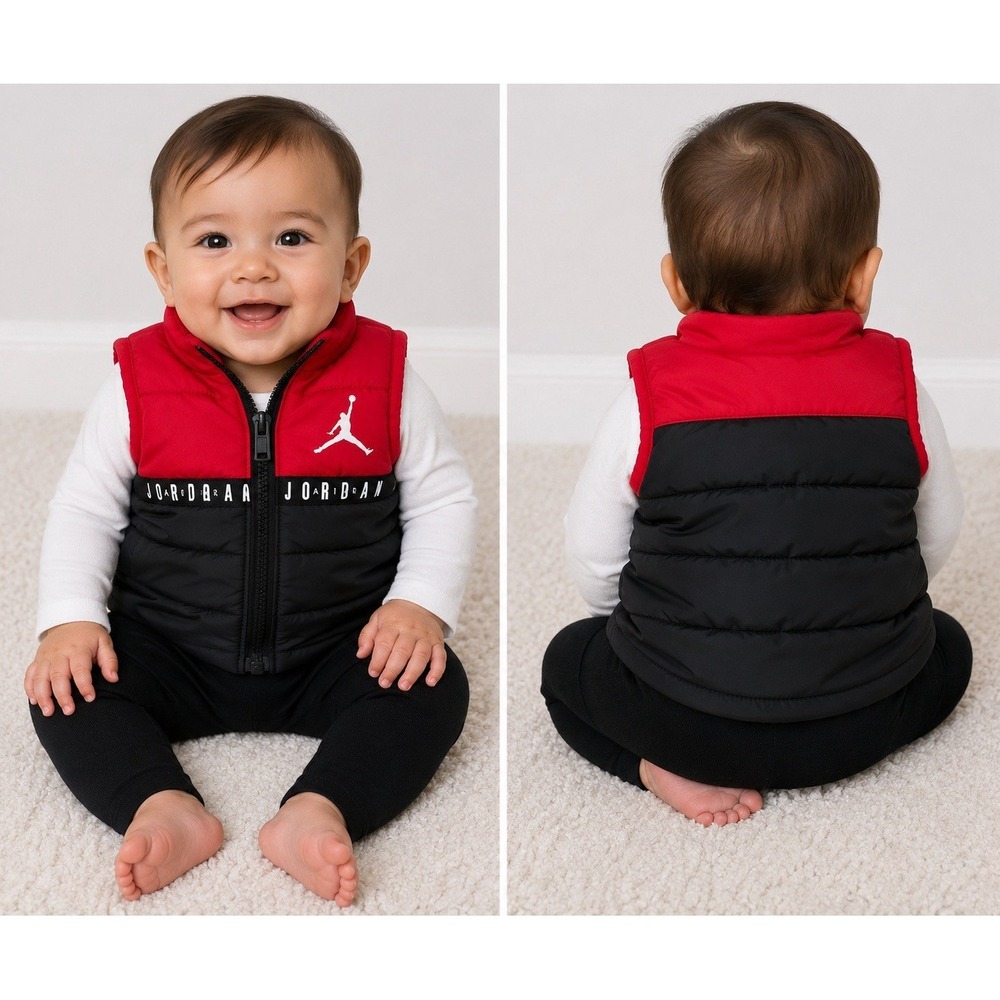 Air Jordan Baby Boys 9 Months Puffer Vest Red Black Sleeveless Zip Up Jacket